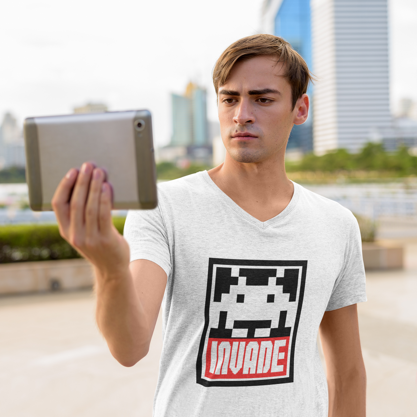 Space Invaders Men's V Tee - Invade & Obey