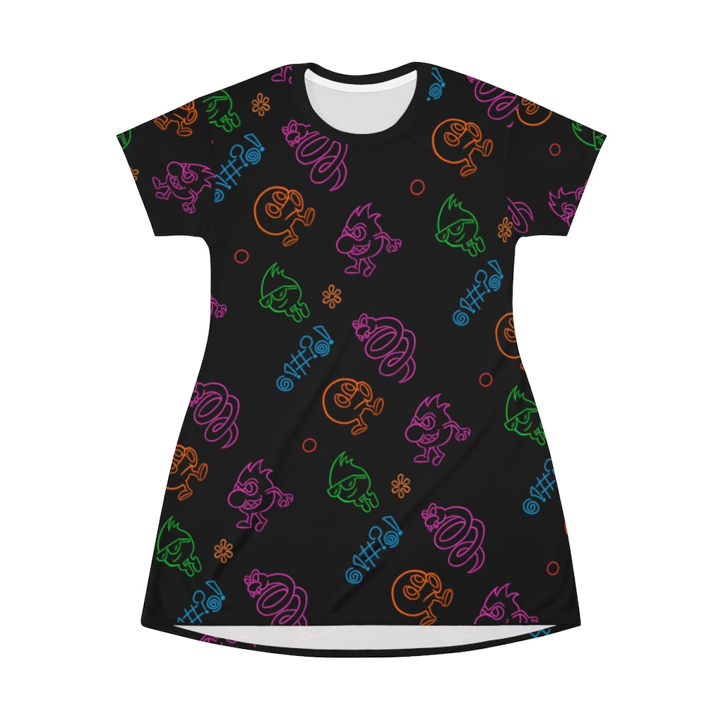 Women's Tee Dress - Neon Q-Bert Pattern