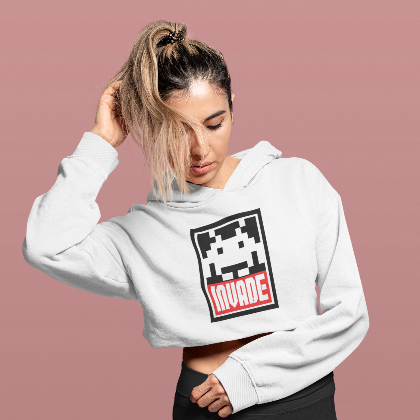 White Space Invaders Cropped Hoodie Gaming Fashion