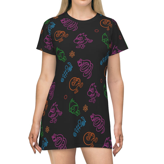 Women's Tee Dress - Neon Q-Bert Pattern