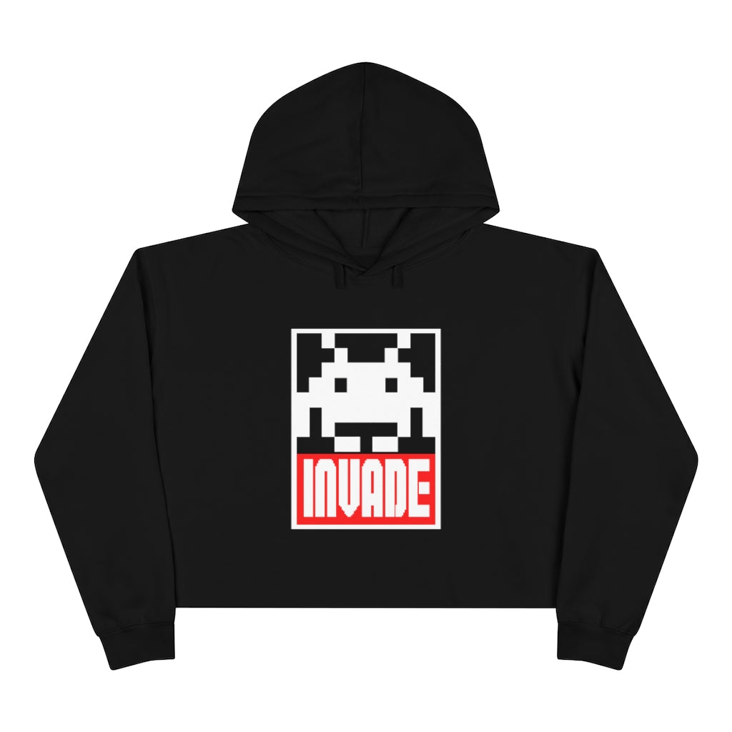 Black Space Invaders Cropped Hoodie Gaming Fashion