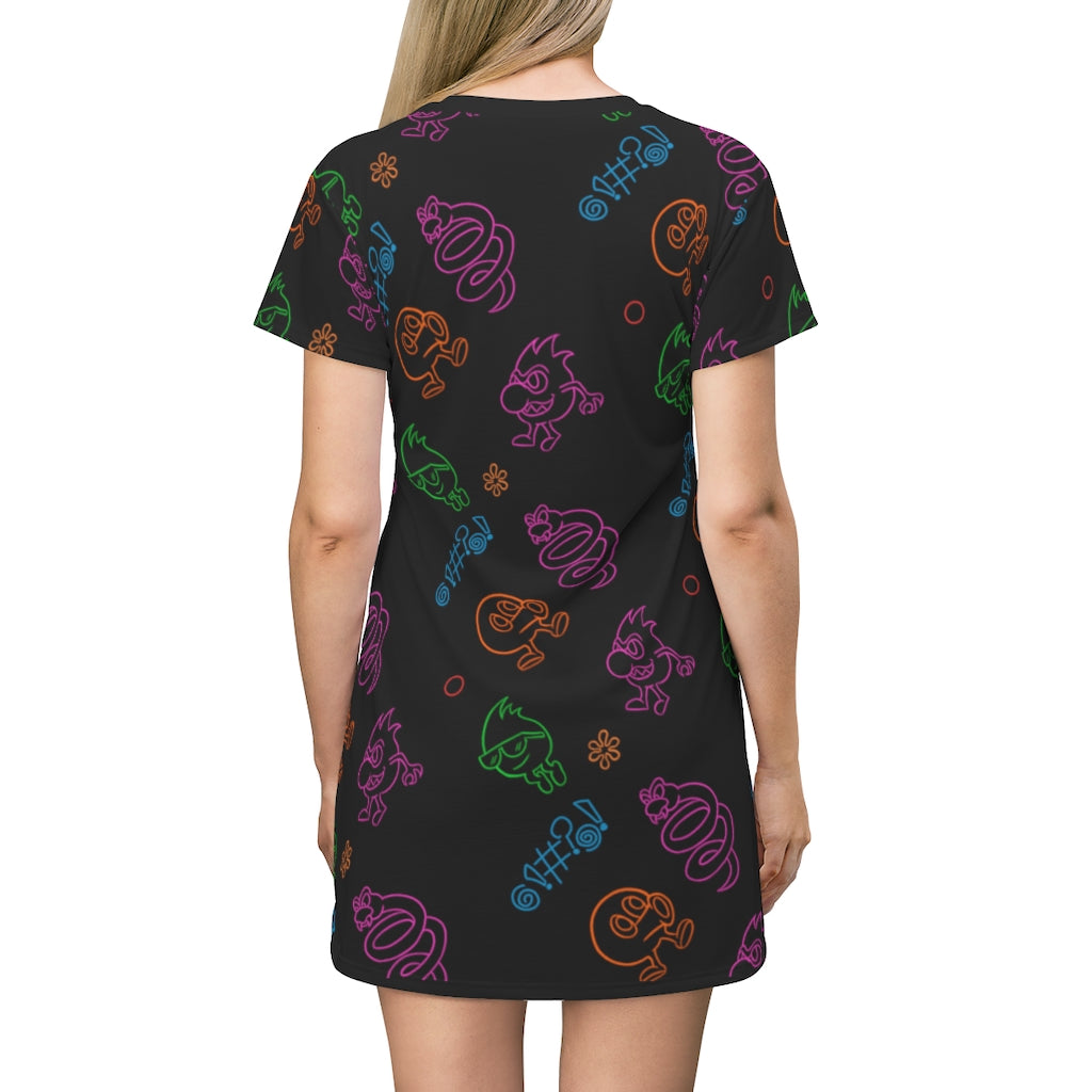Women's Tee Dress - Neon Q-Bert Pattern